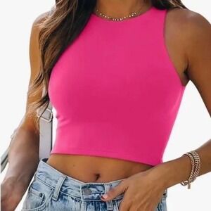 Reoria High Neck Cropped Tank Barbie Pink Double Lined Soft Stretch S